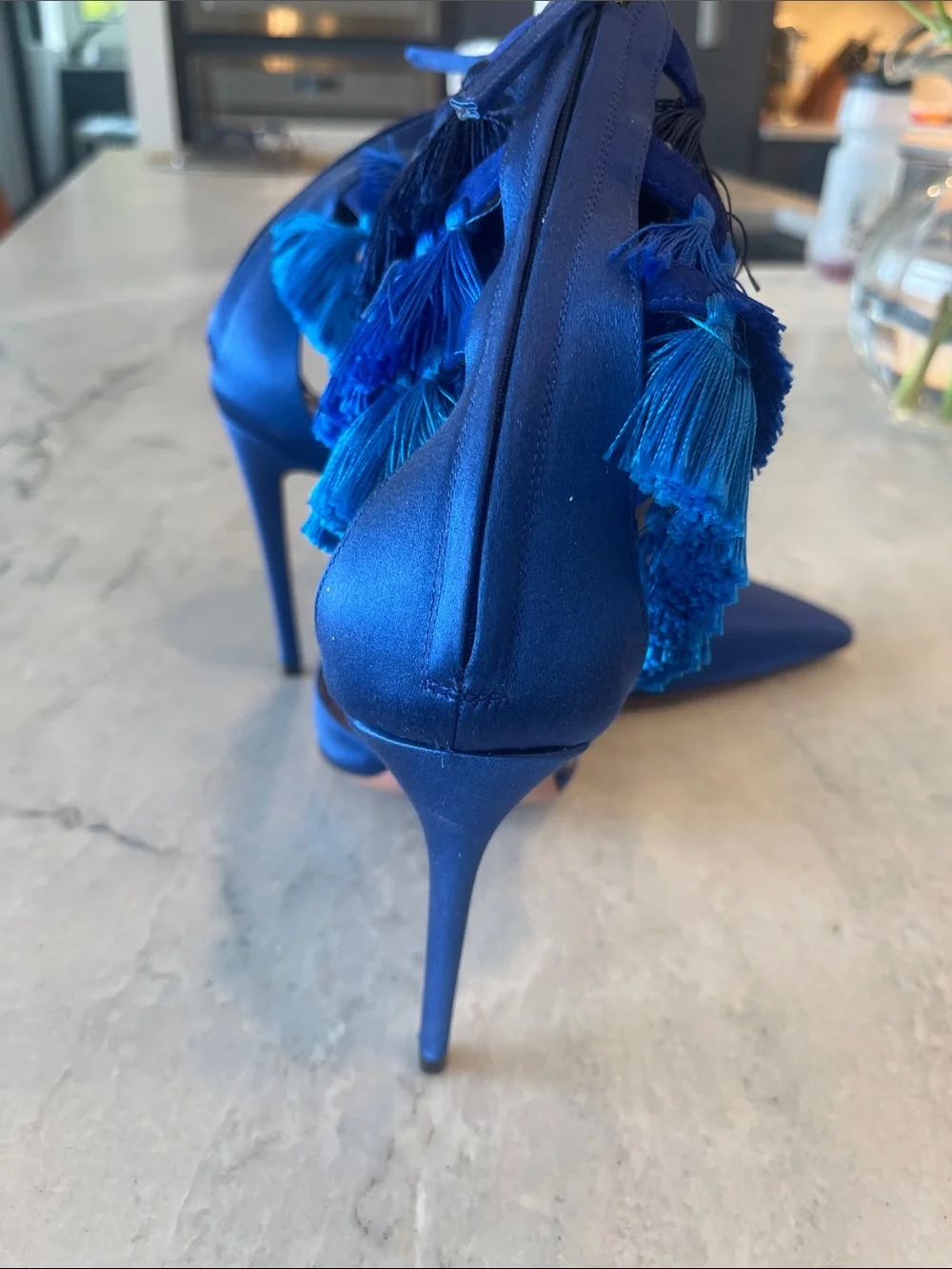 Aquazzura Electric Blue Tassel Fringe Ankle-Strap Pointed-Toe Heels